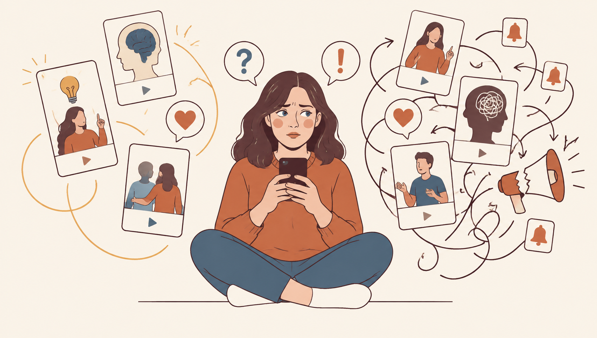 Line-art illustration of a concerned woman holding a phone between helpful ADHD community videos and a tangle of misleading social media posts