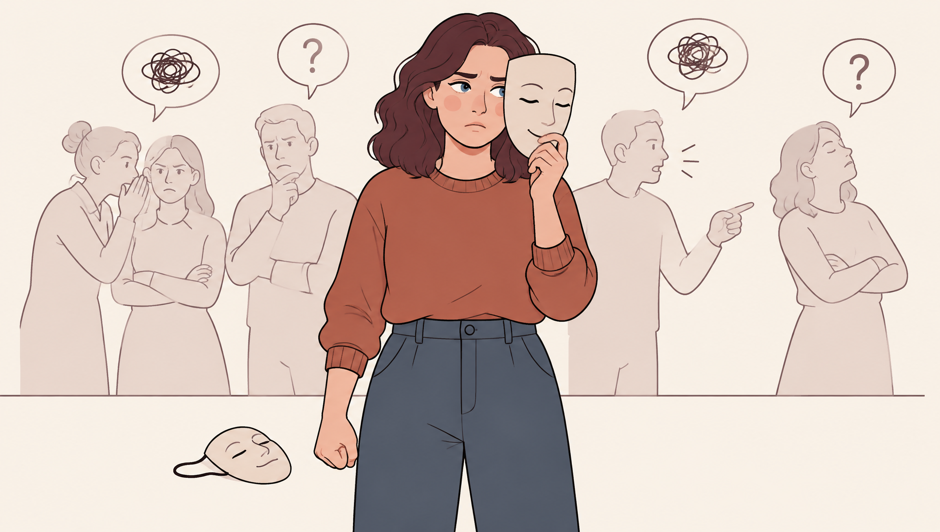 Line-art illustration of a worried woman holding a smiling mask near her face while people whisper, point and question her behind her